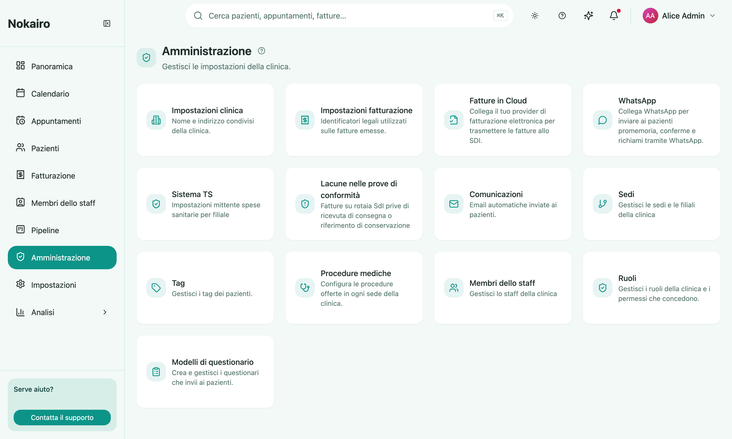 The Administration hub, showing the grid of cards for clinic settings, branches, staff, billing, and the regulatory screens.