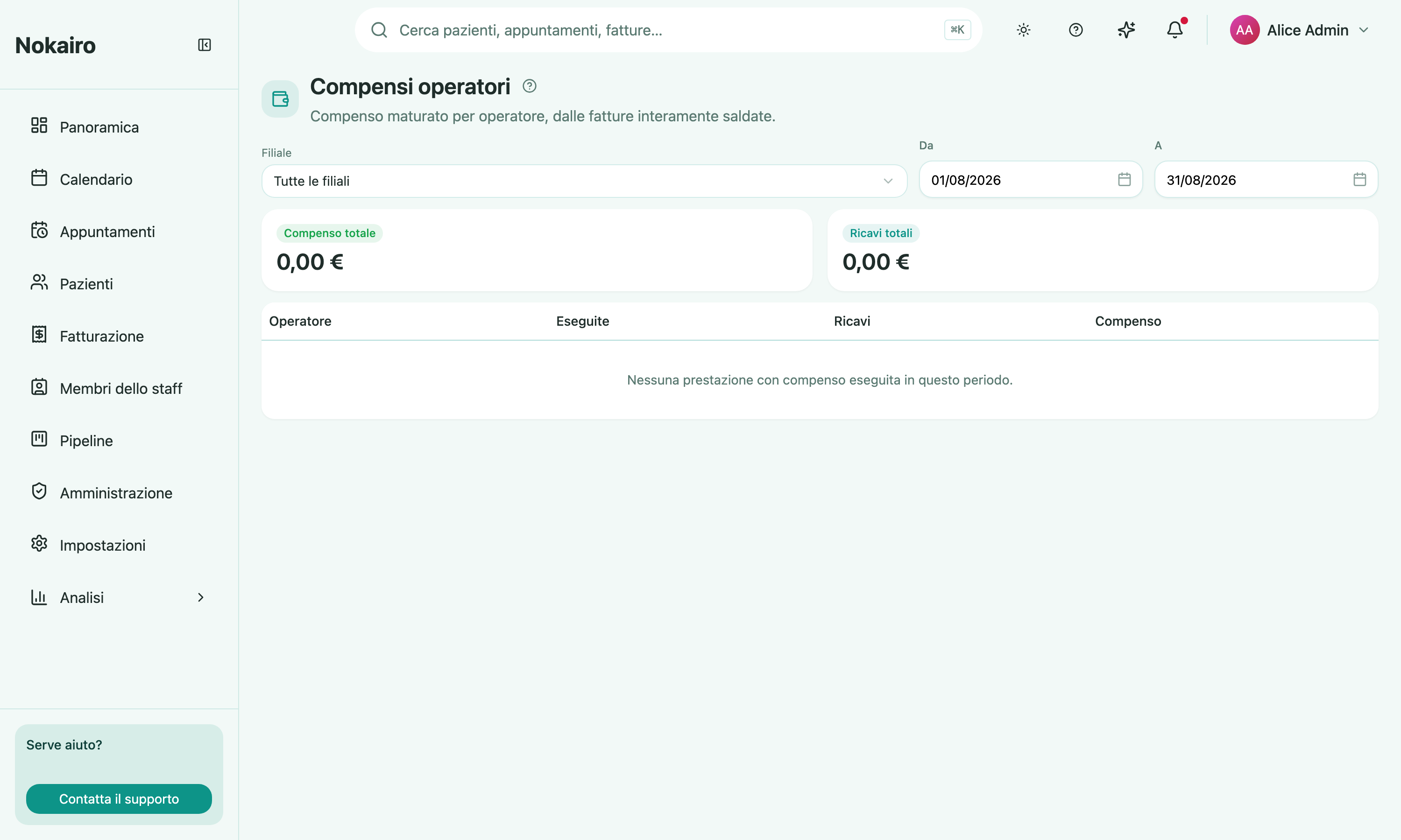 The staff commission report, with the branch and date filters, the commission and revenue totals, and the per-practitioner table.