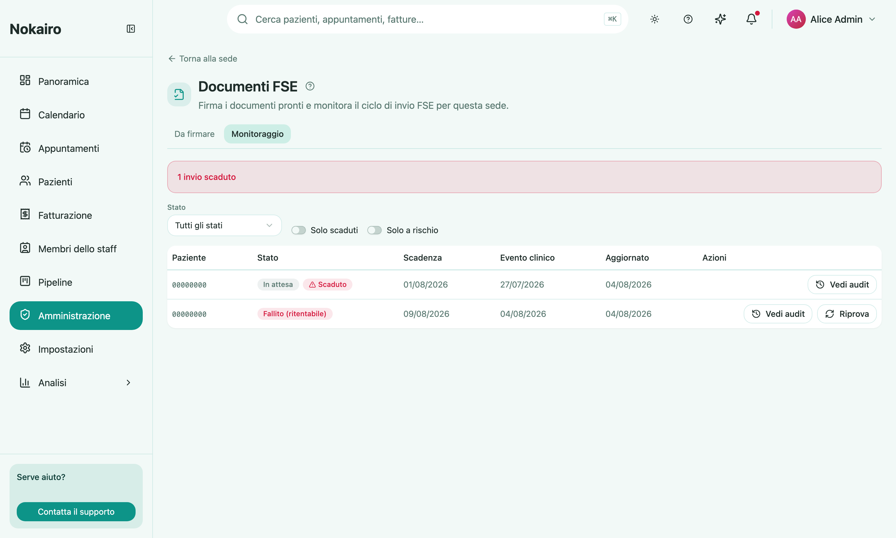 The Monitoring tab for a branch's FSE documents, listing each document's state, deadline, and available actions.