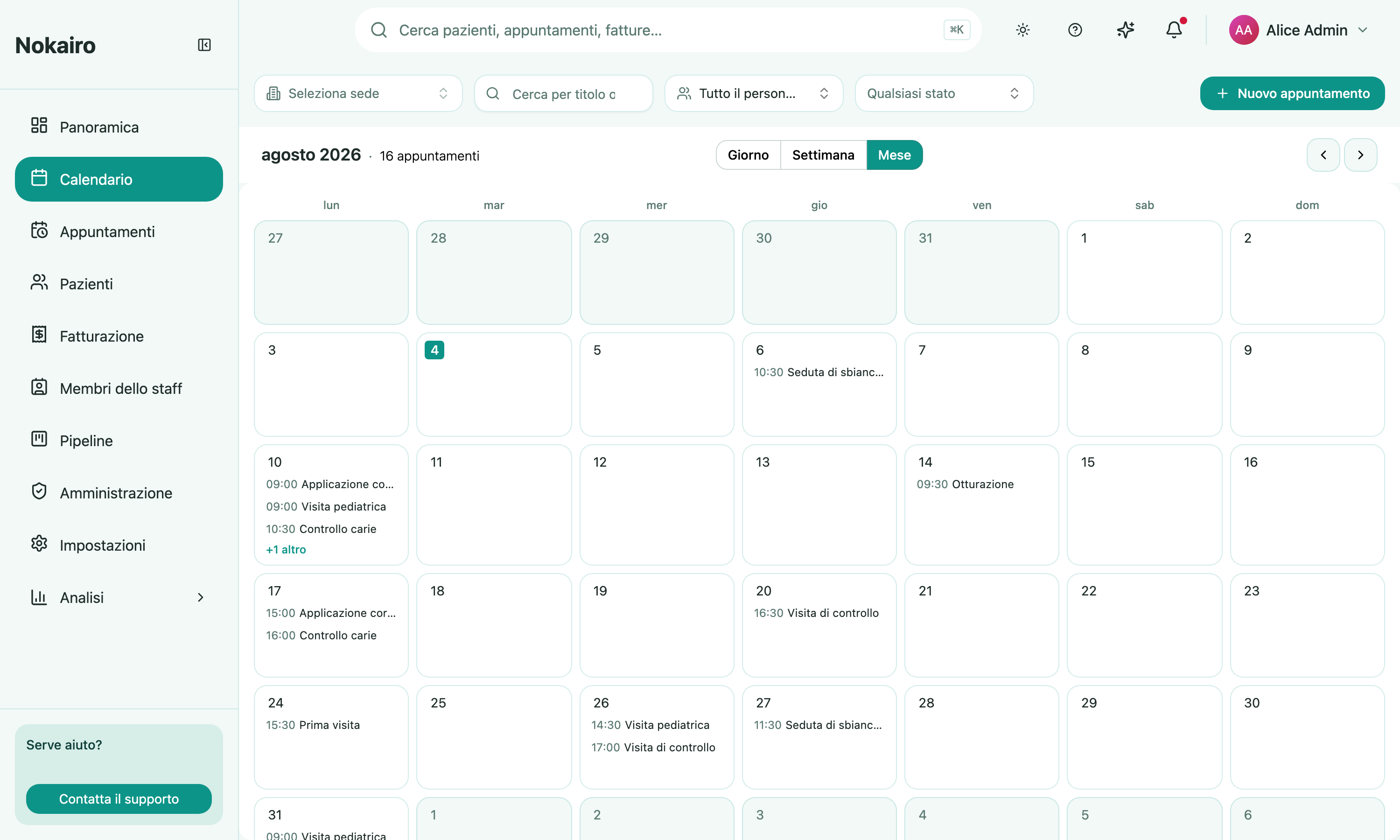 The calendar's month view, showing appointment previews across every day of the month.