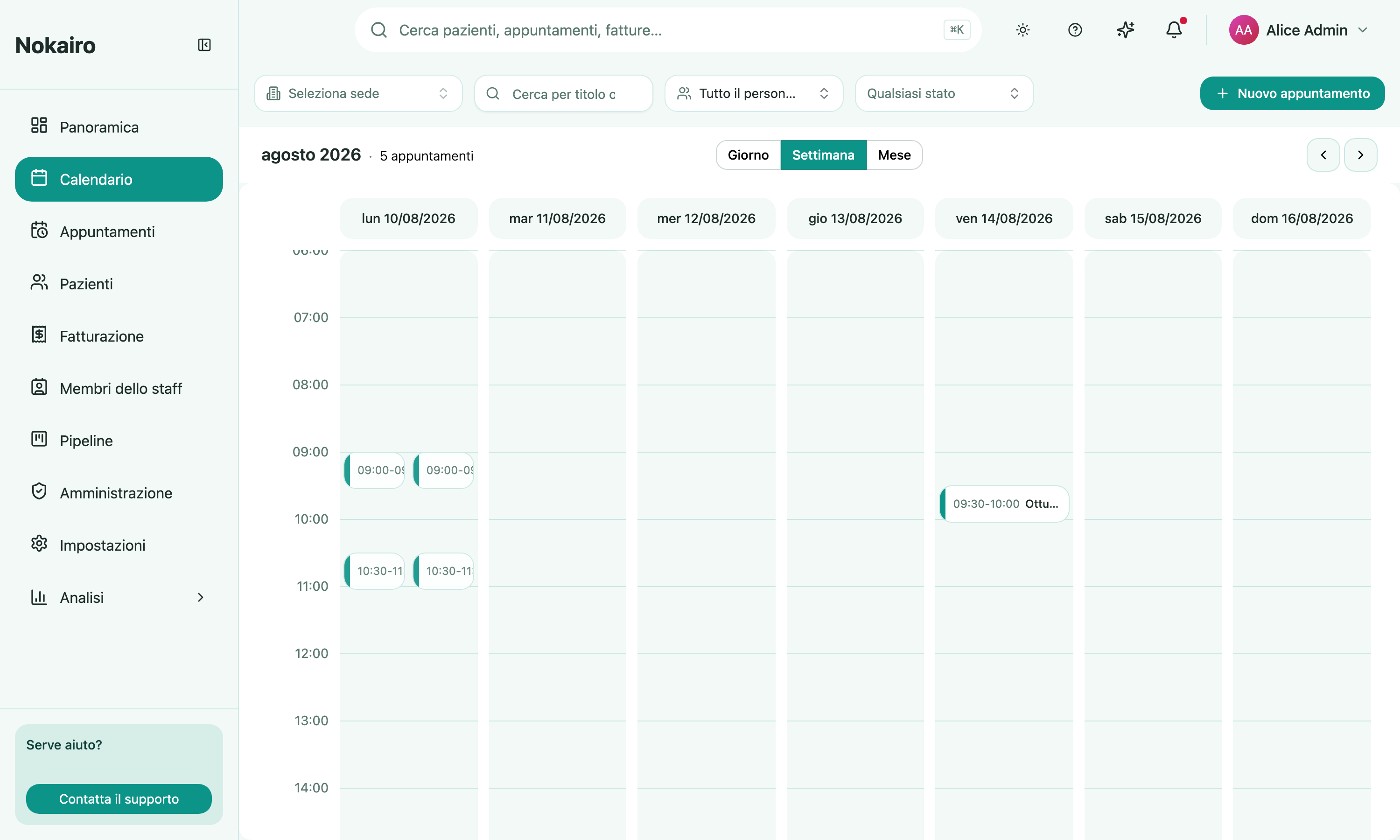 The calendar's week view, showing one column per day across the current week.