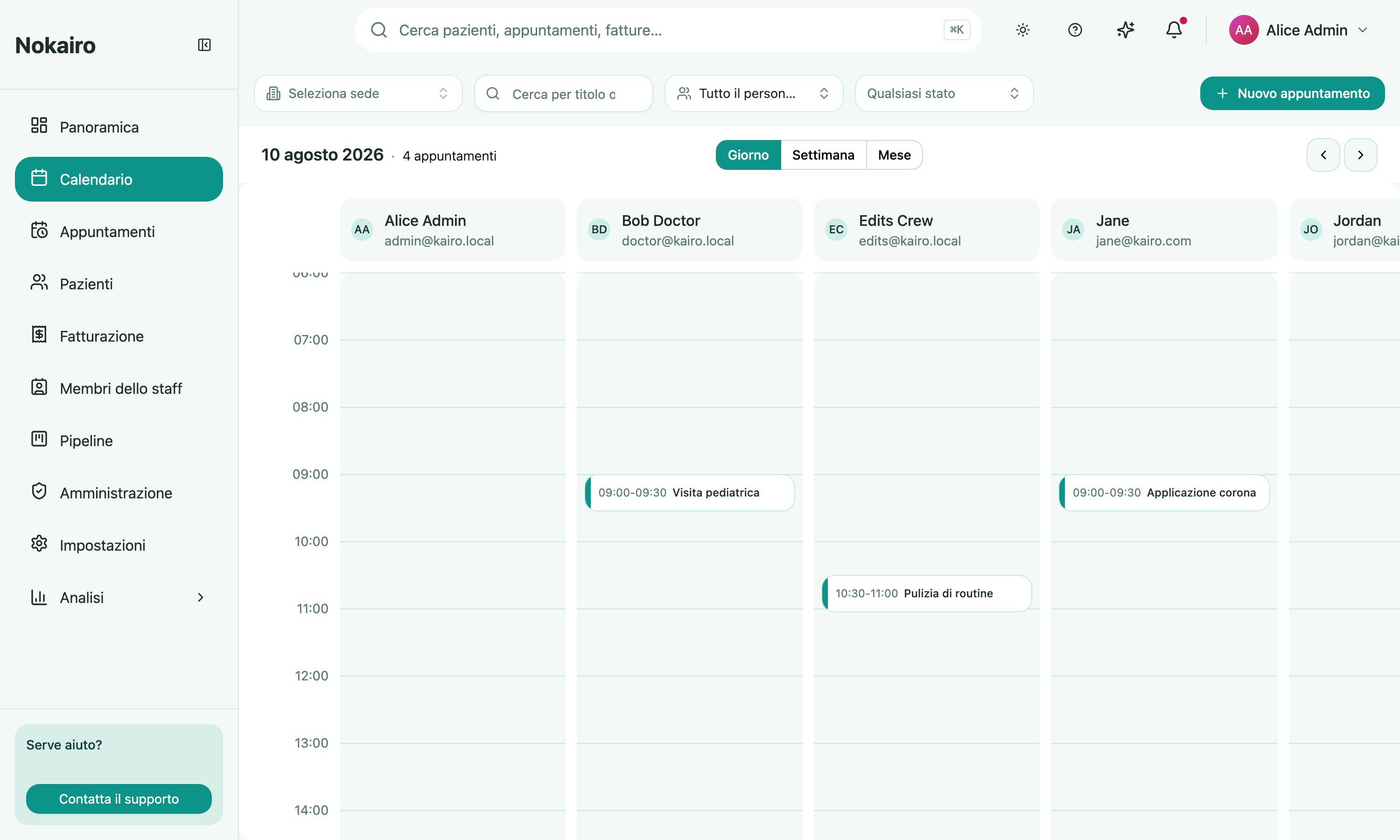 The calendar's day view, with a column per practitioner laid out on a time grid.