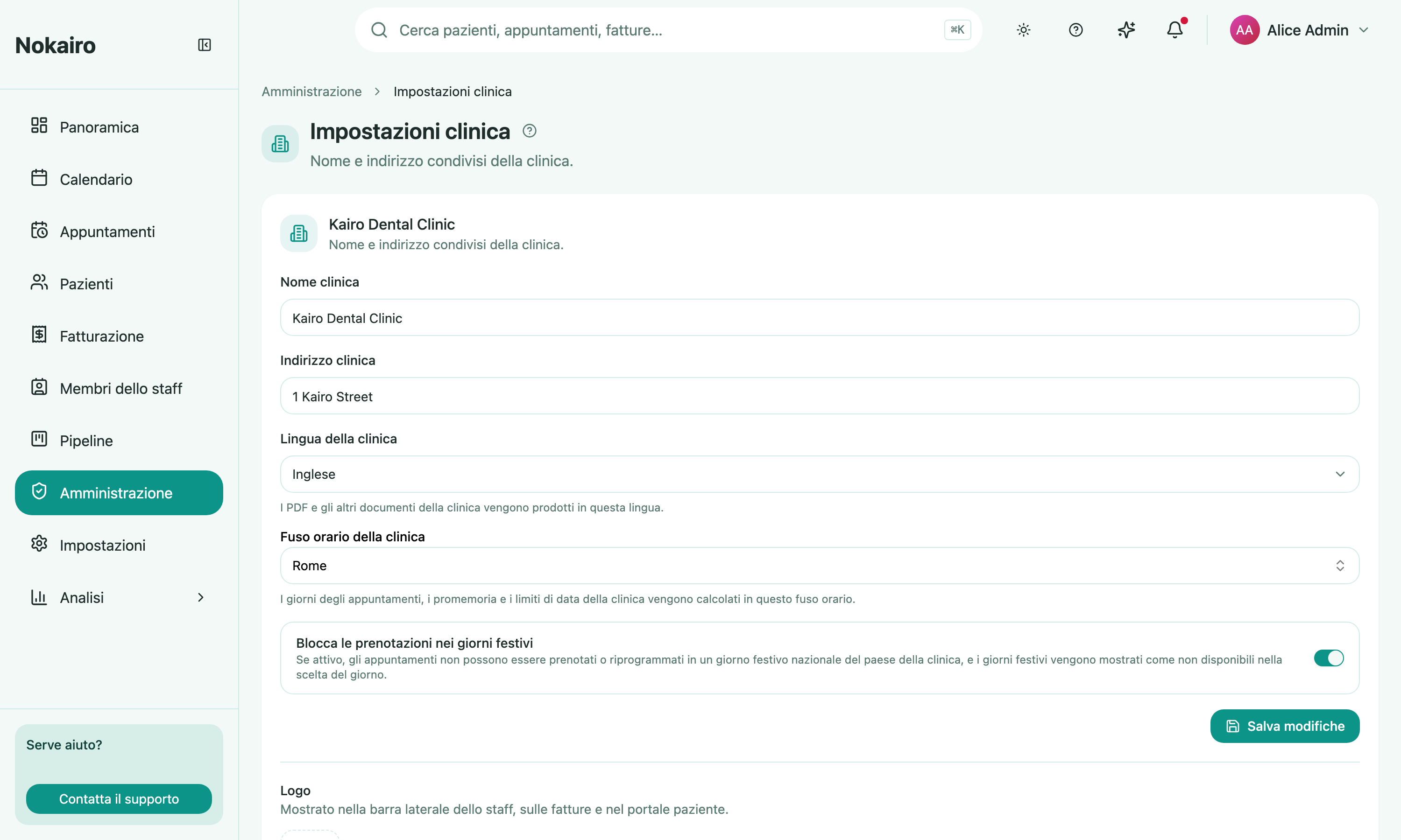 Clinic Settings, showing the clinic name, address, language, timezone, and the public-holiday booking toggle.