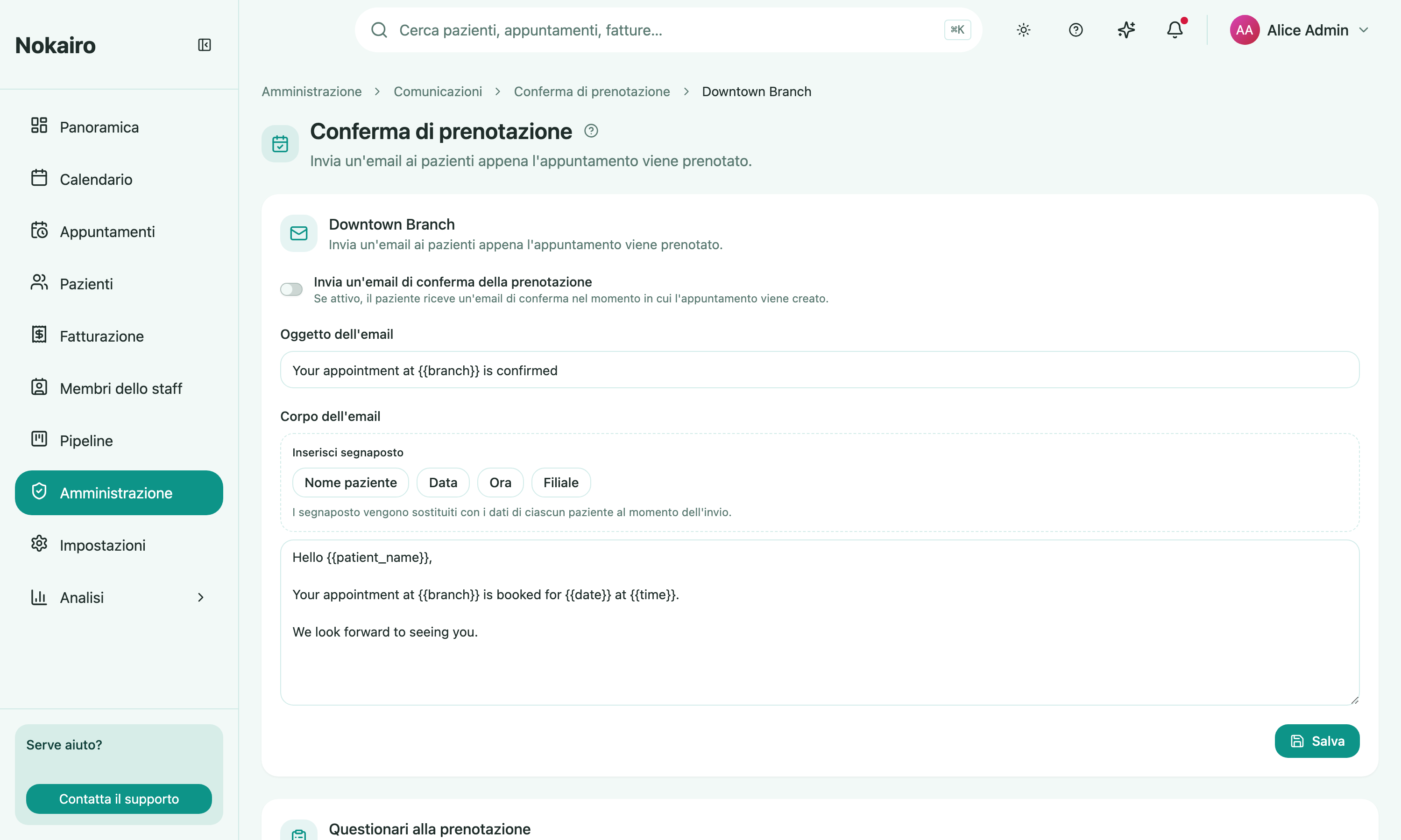 A branch's booking confirmation settings, with the confirmation email's subject and body, and the questionnaires-at-booking section below it.