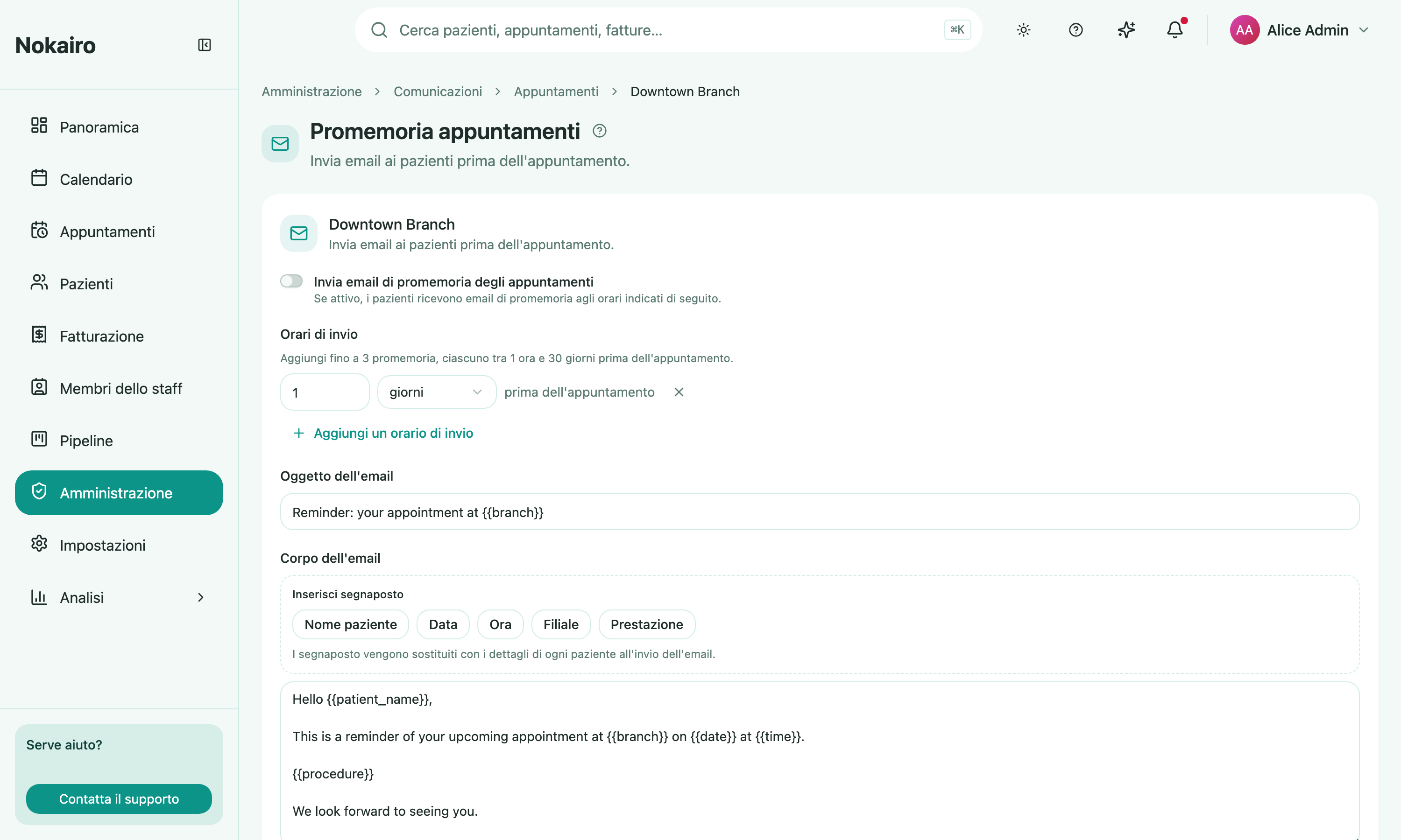 A branch's appointment reminder settings, with the send-time picker and the reminder email's subject and body.