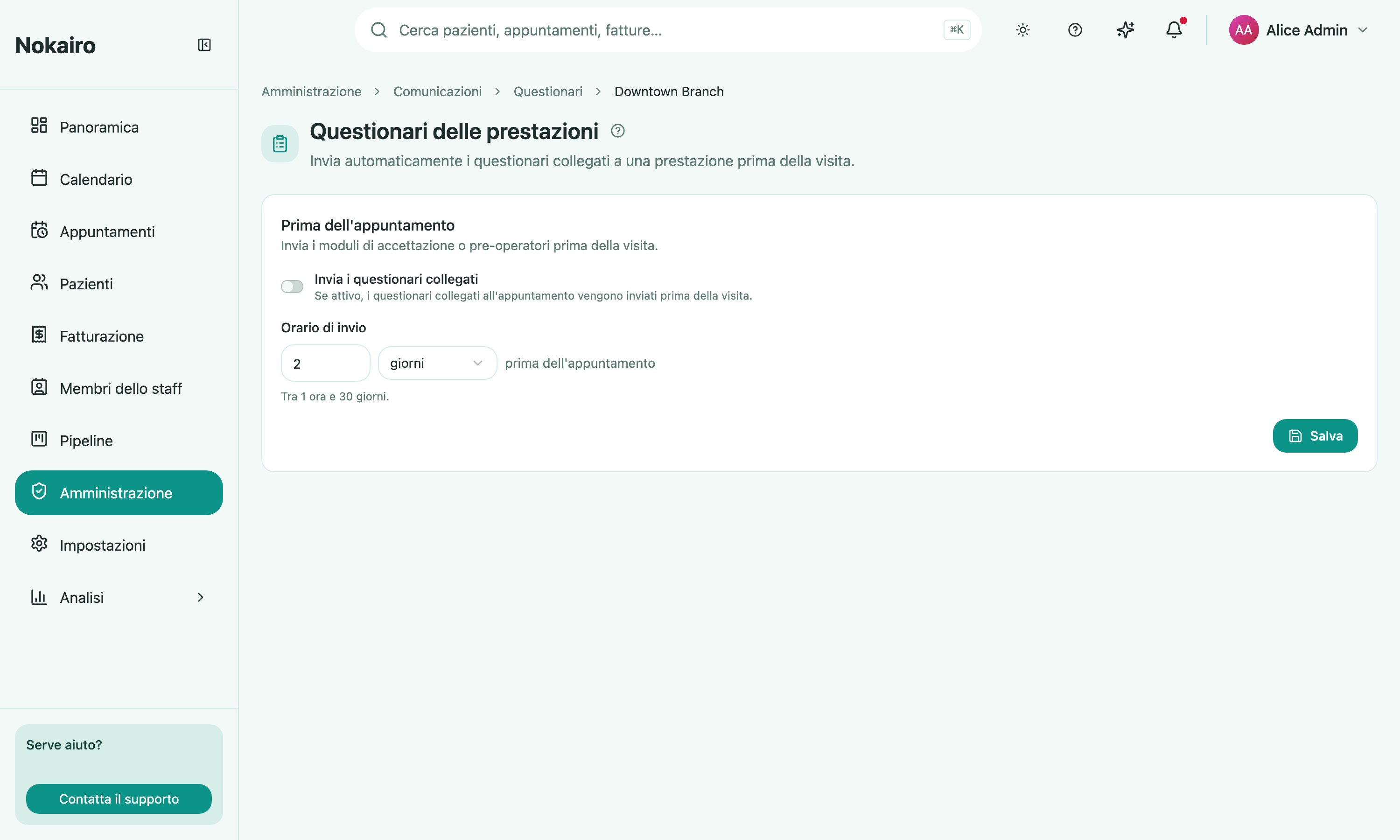 A branch's procedure questionnaire settings, with the "before the appointment" switch and the send-time picker.