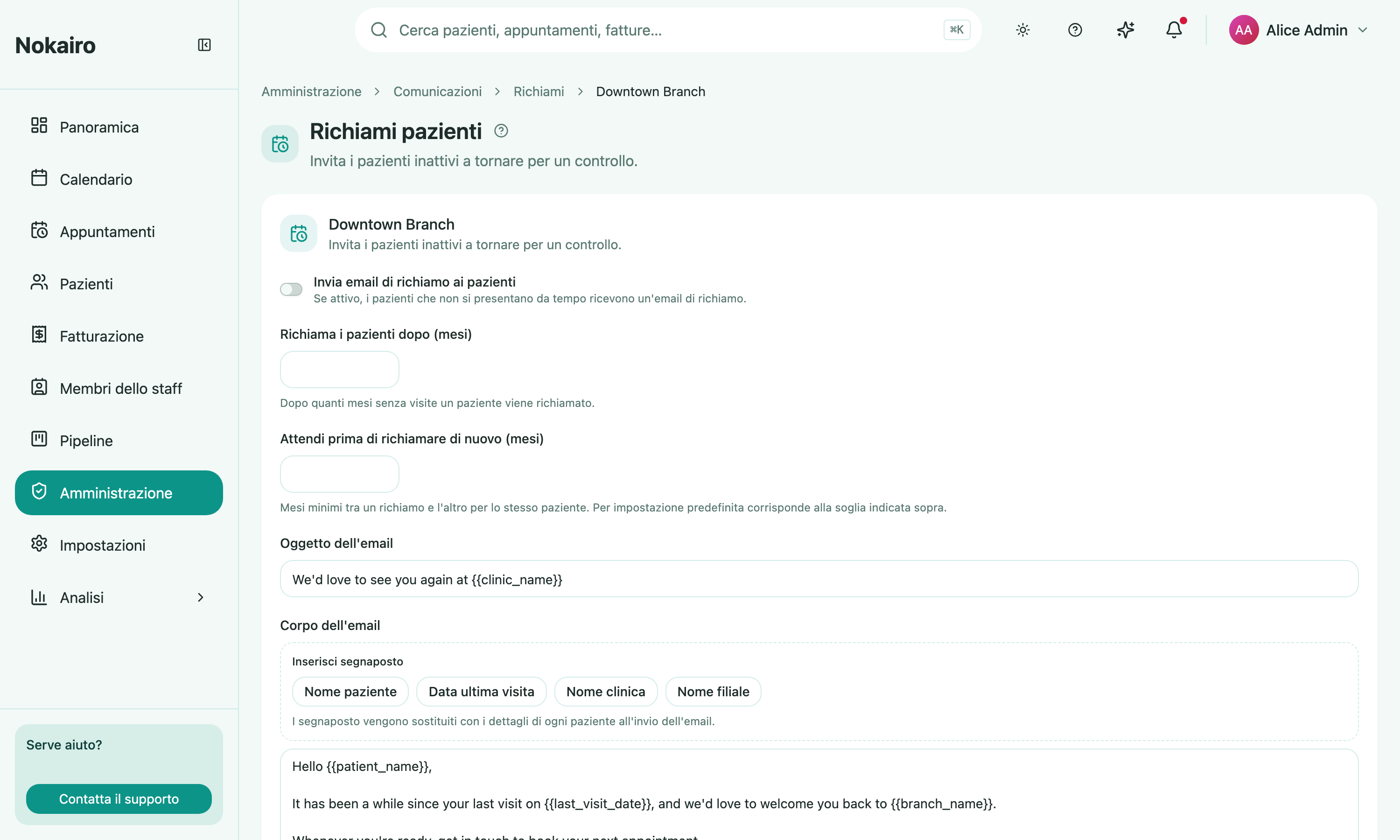 A branch's patient recall settings, with the inactivity threshold, the cooldown, and the recall email's subject and body.