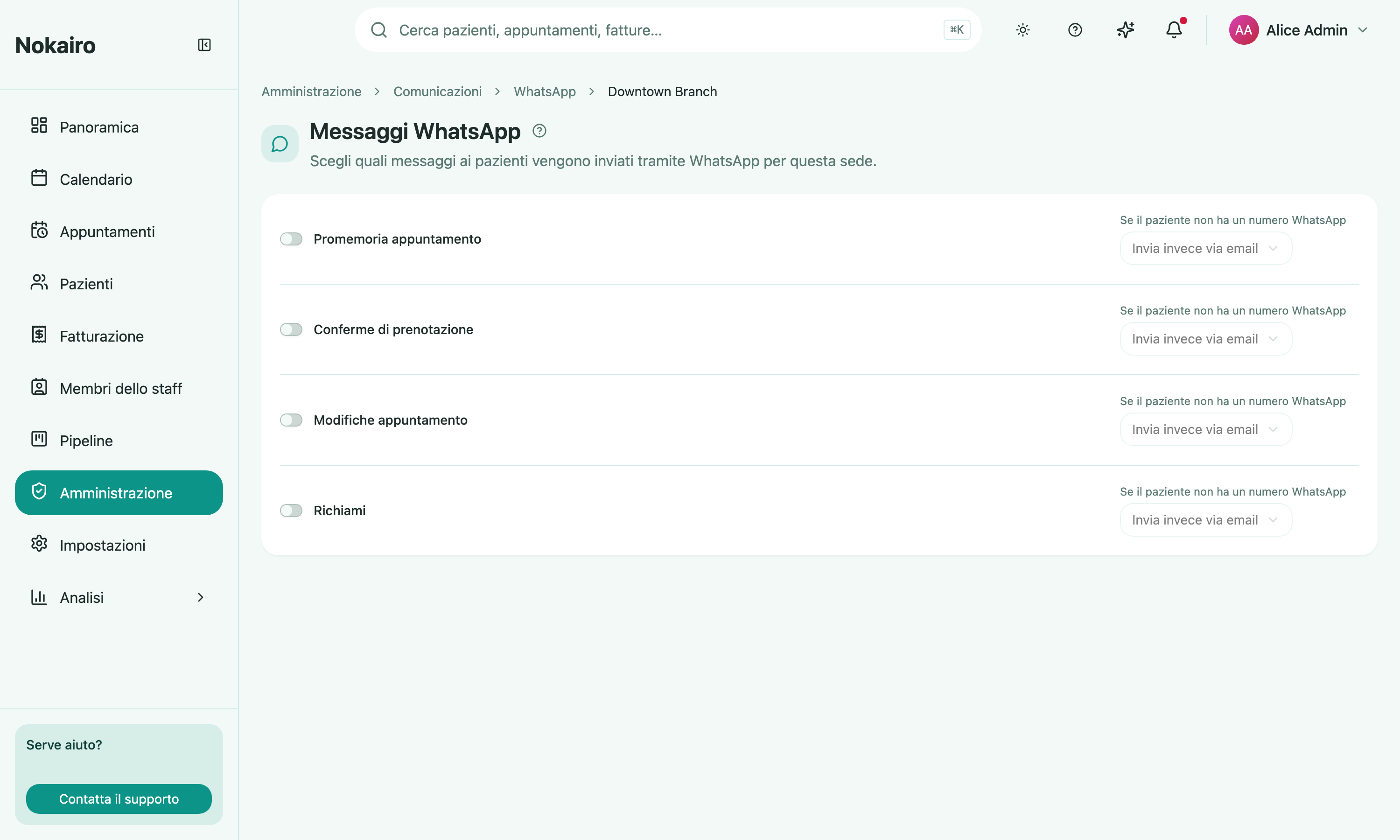 A branch's WhatsApp message settings, with a switch for each message type and the fallback choice for patients with no WhatsApp number.