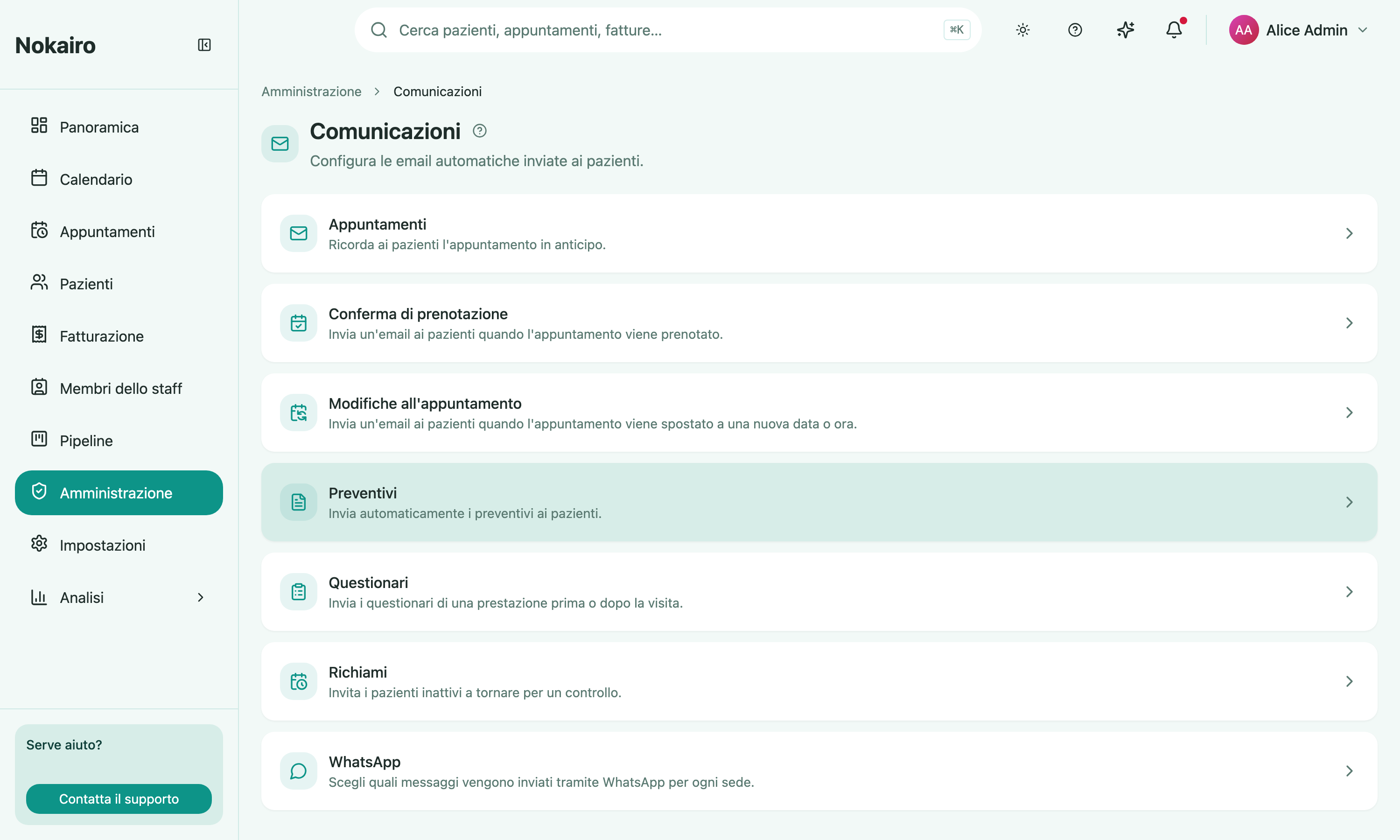 The Communications administration page listing all message categories: appointment reminders, booking confirmation, appointment changes, quotes, questionnaires, recalls, and WhatsApp.