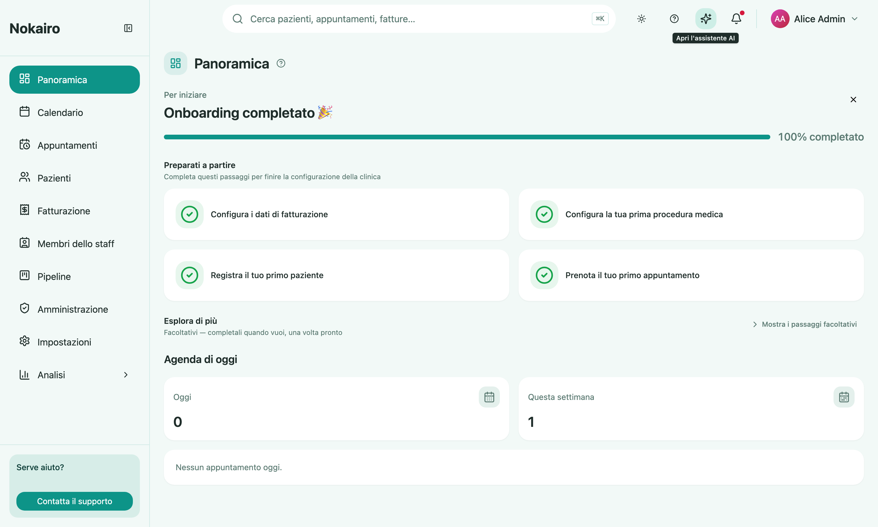The Overview page, showing the setup milestones checklist and today's agenda.