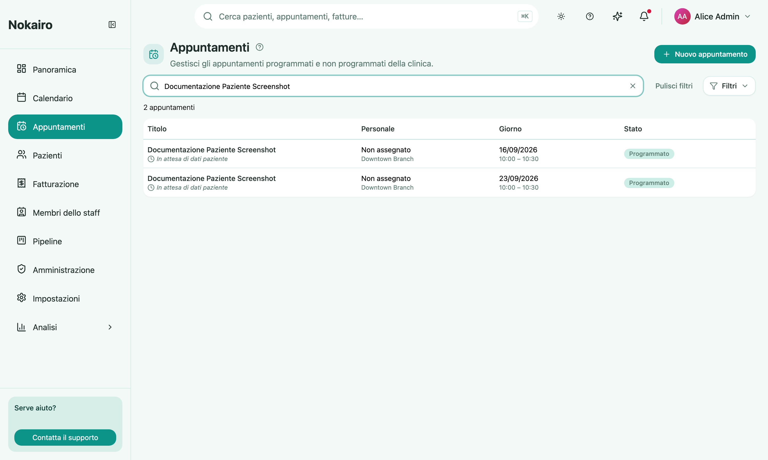 The appointments list, with two appointments flagged as awaiting the patient's details.