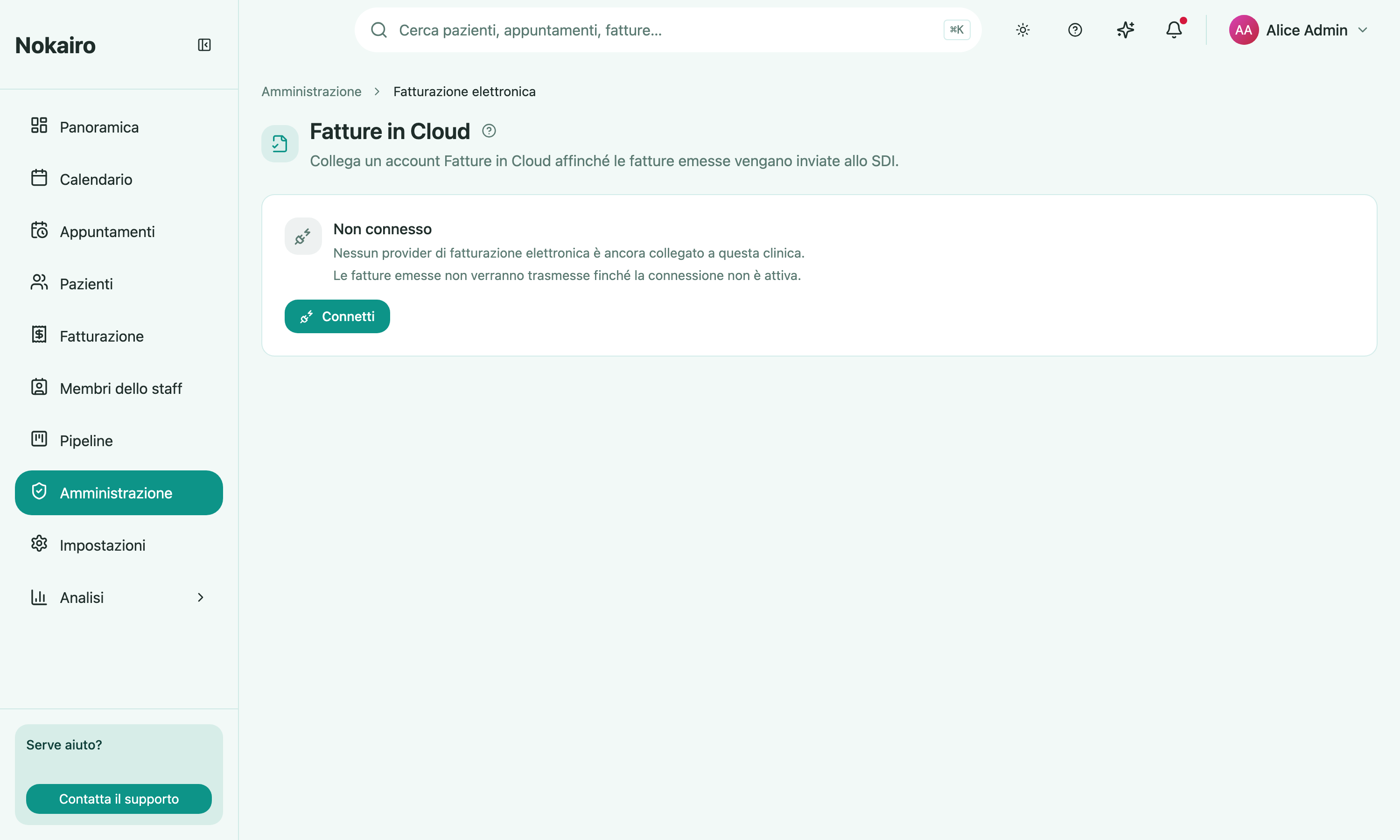The Fatture in Cloud connection page in its not-connected state, with the Connect button to start authorization.