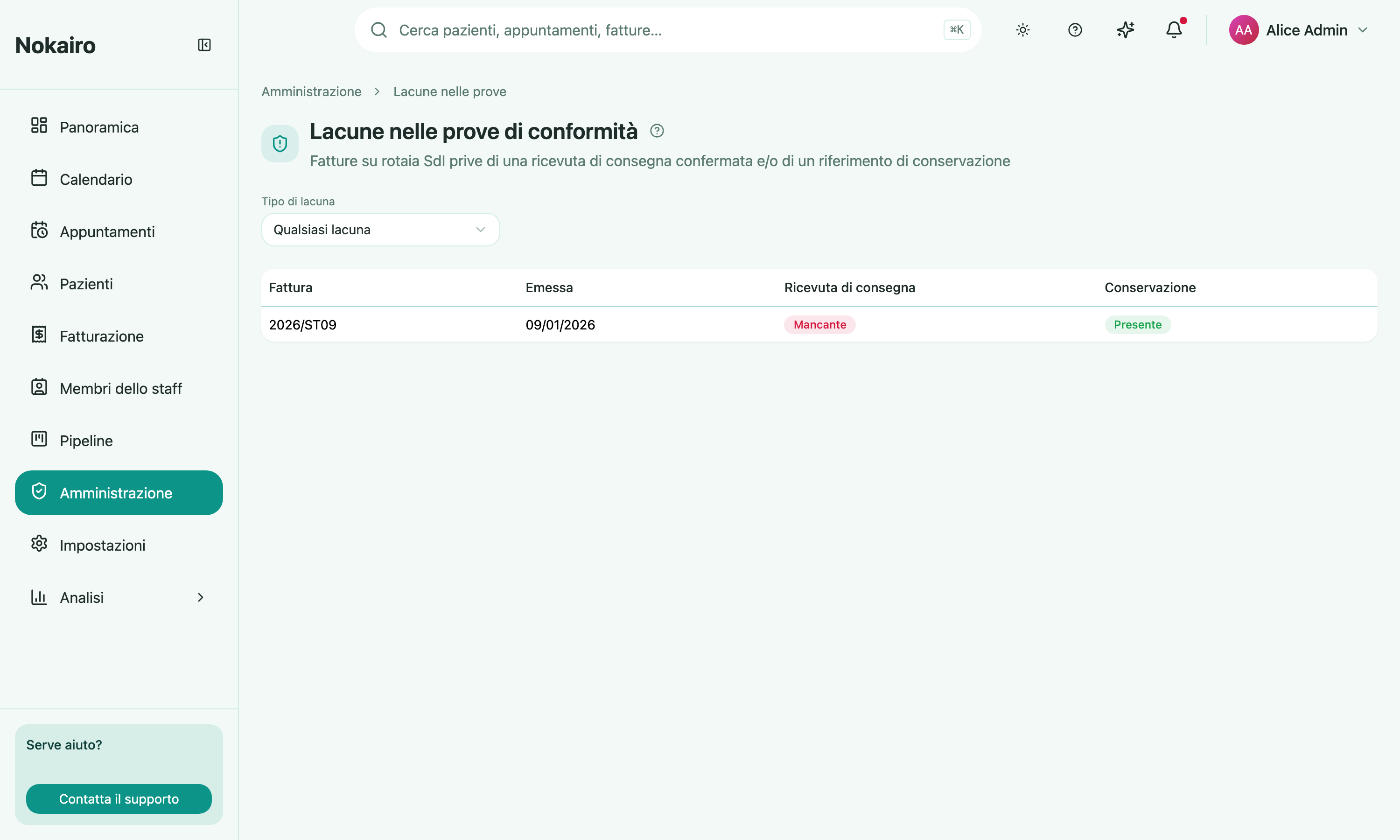 A branch's compliance evidence gaps list, showing an invoice with a missing delivery receipt.