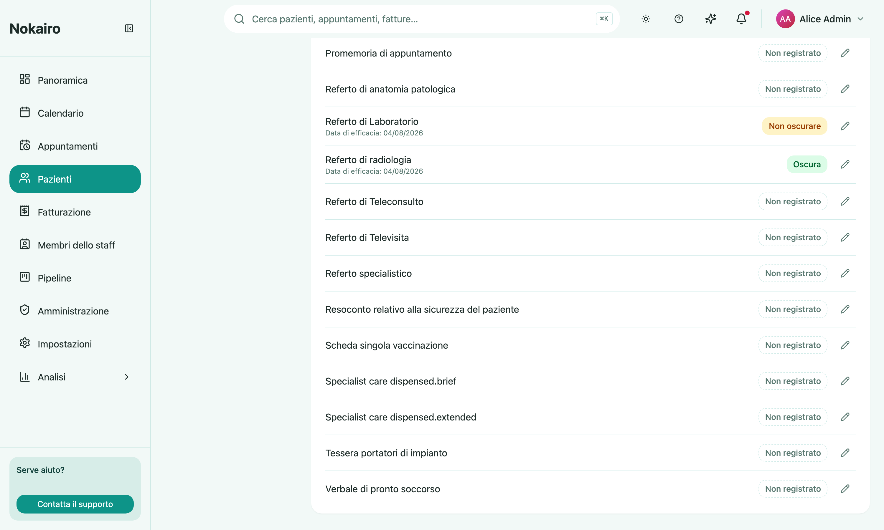 The oscuramento intent, recorded per FSE document category.