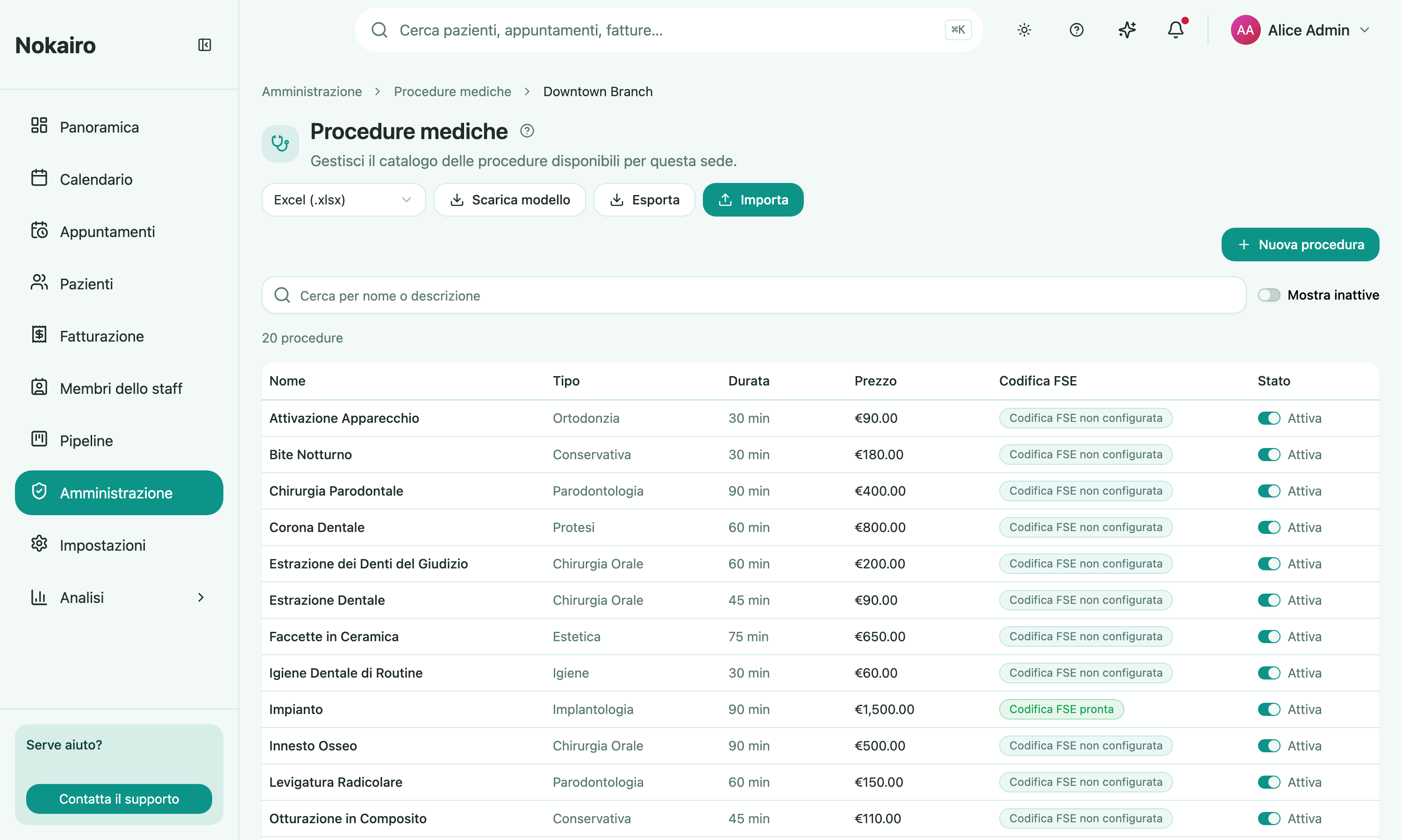 The medical procedure catalogue for a branch, listing each procedure with its type, duration, price, FSE coding status, and active toggle.