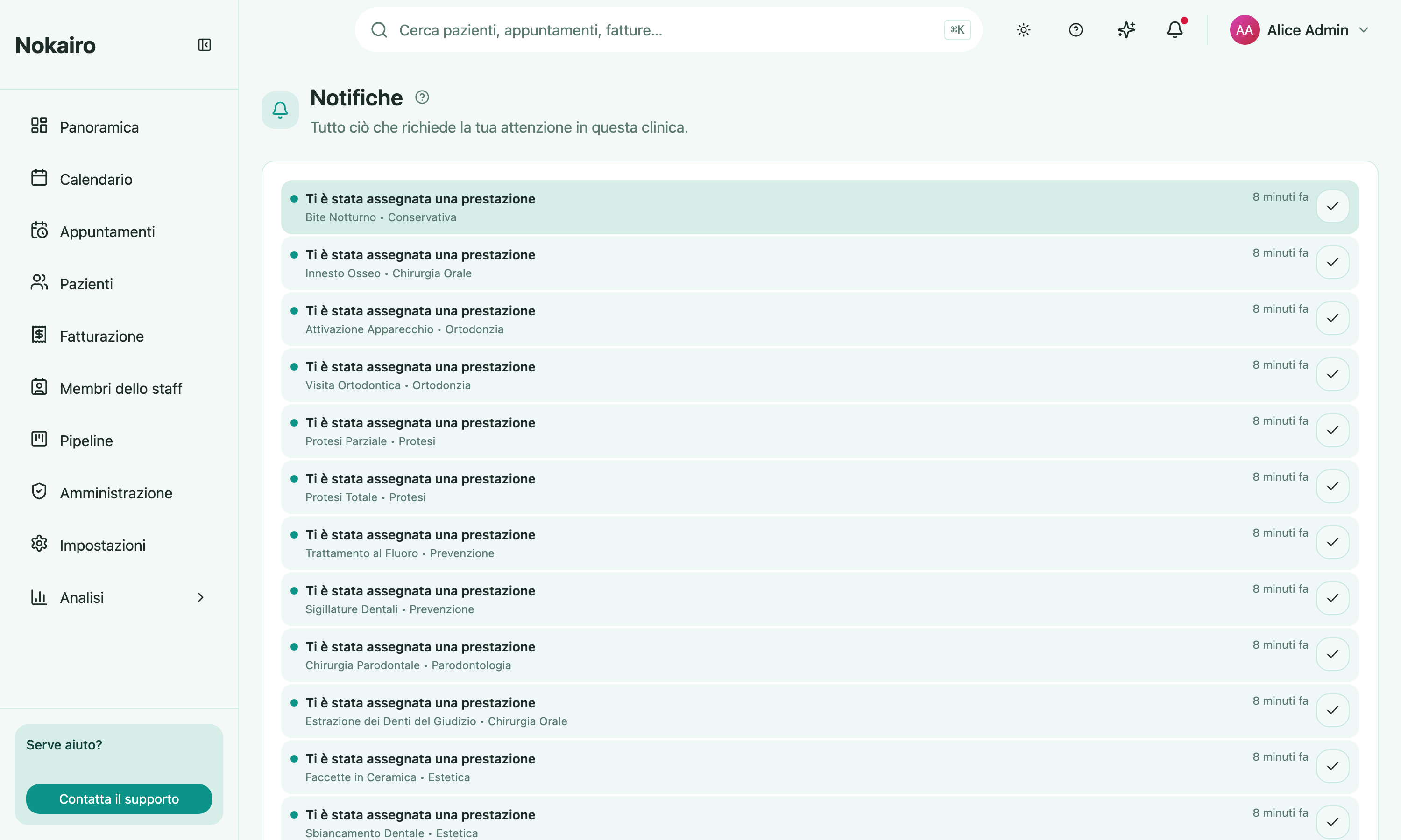 The notifications list, newest first, showing procedure-assignment notifications with their timestamps and a mark-as-read control on each row.