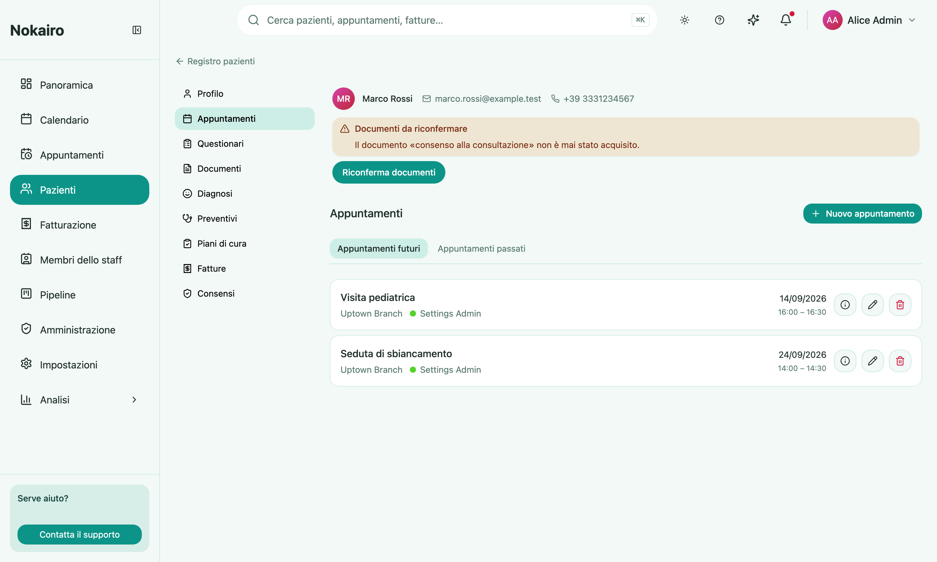 A single patient's appointments, split across the future and past tabs.