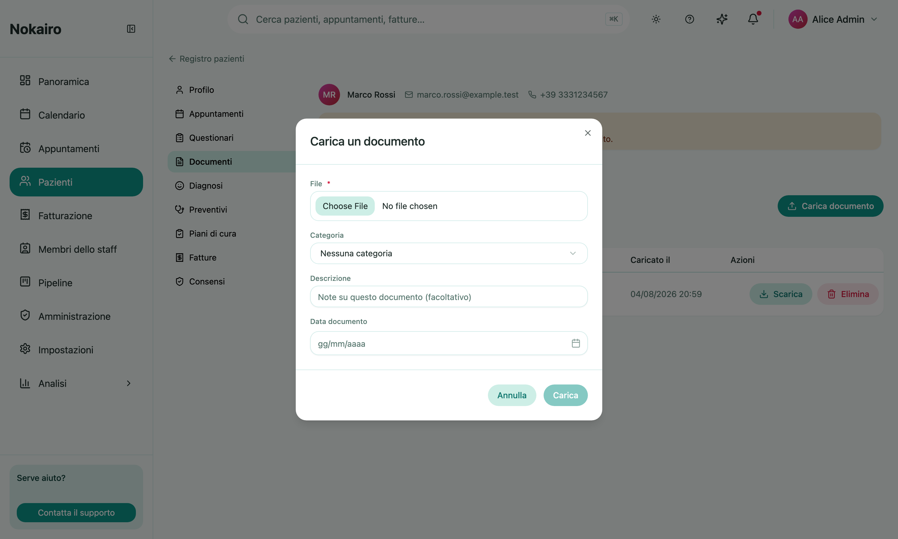The upload dialog: choose a file and, optionally, a category, a description, and a document date.