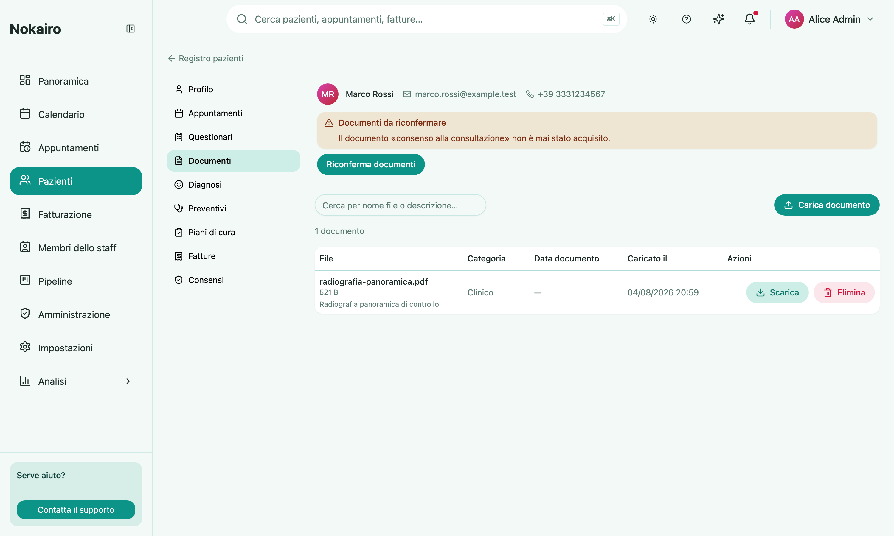 A document listed with its category and size, alongside the download and delete actions.