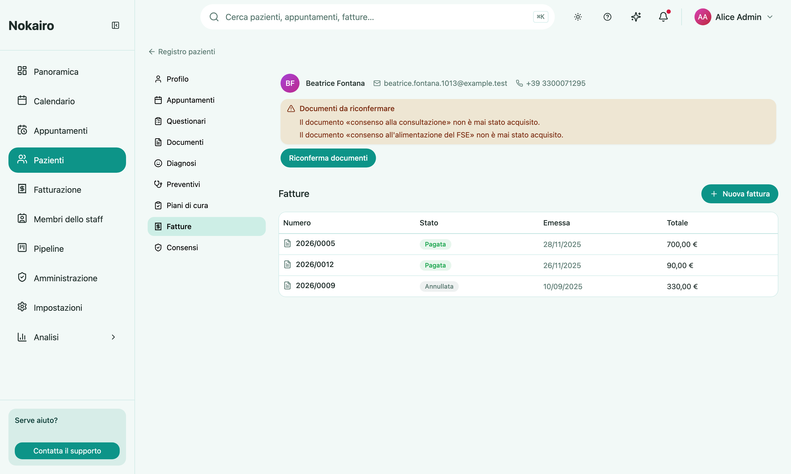A patient's invoices list, with a New invoice action.