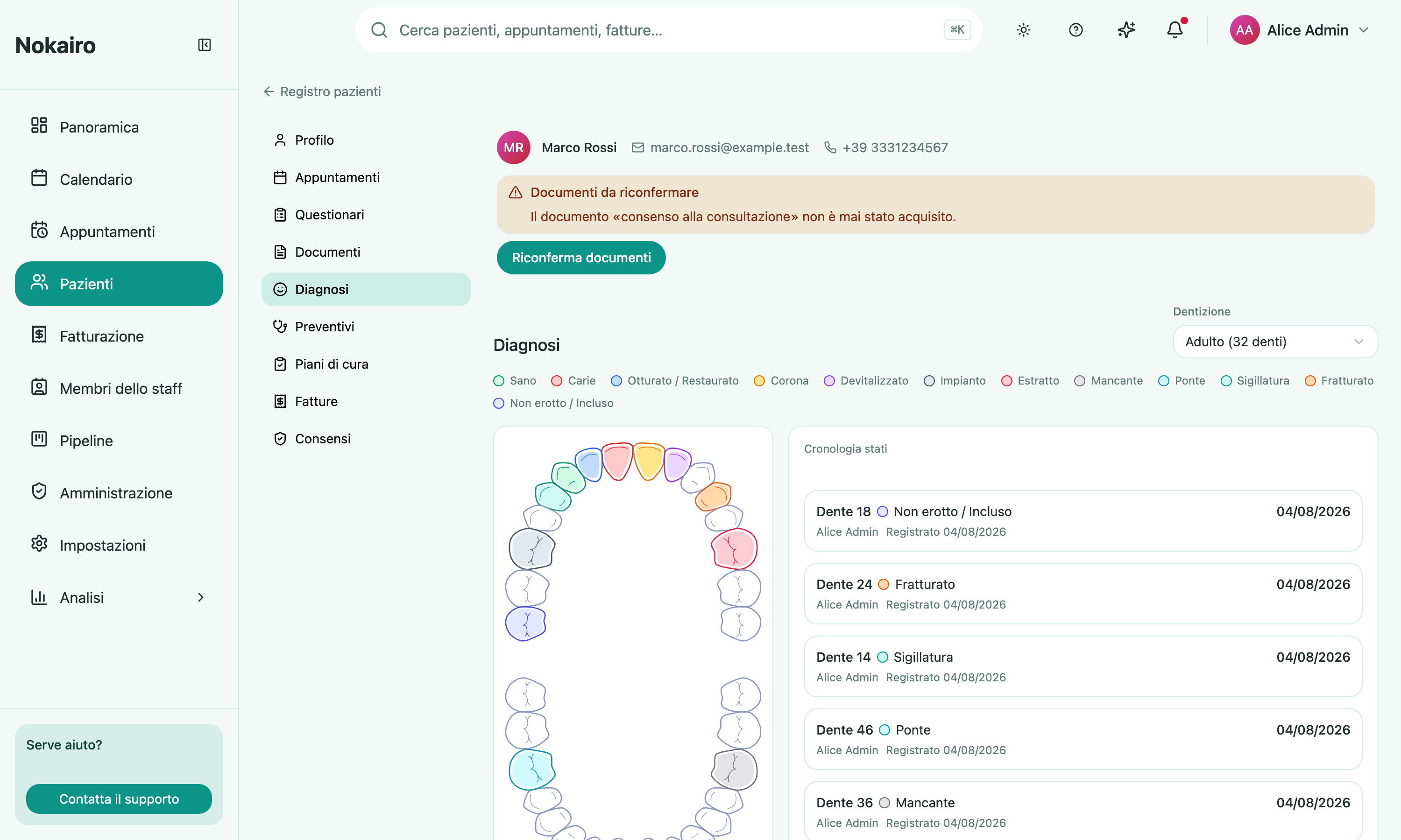 The odontogram, with its colour-coded legend and the changelog panel beside the chart.