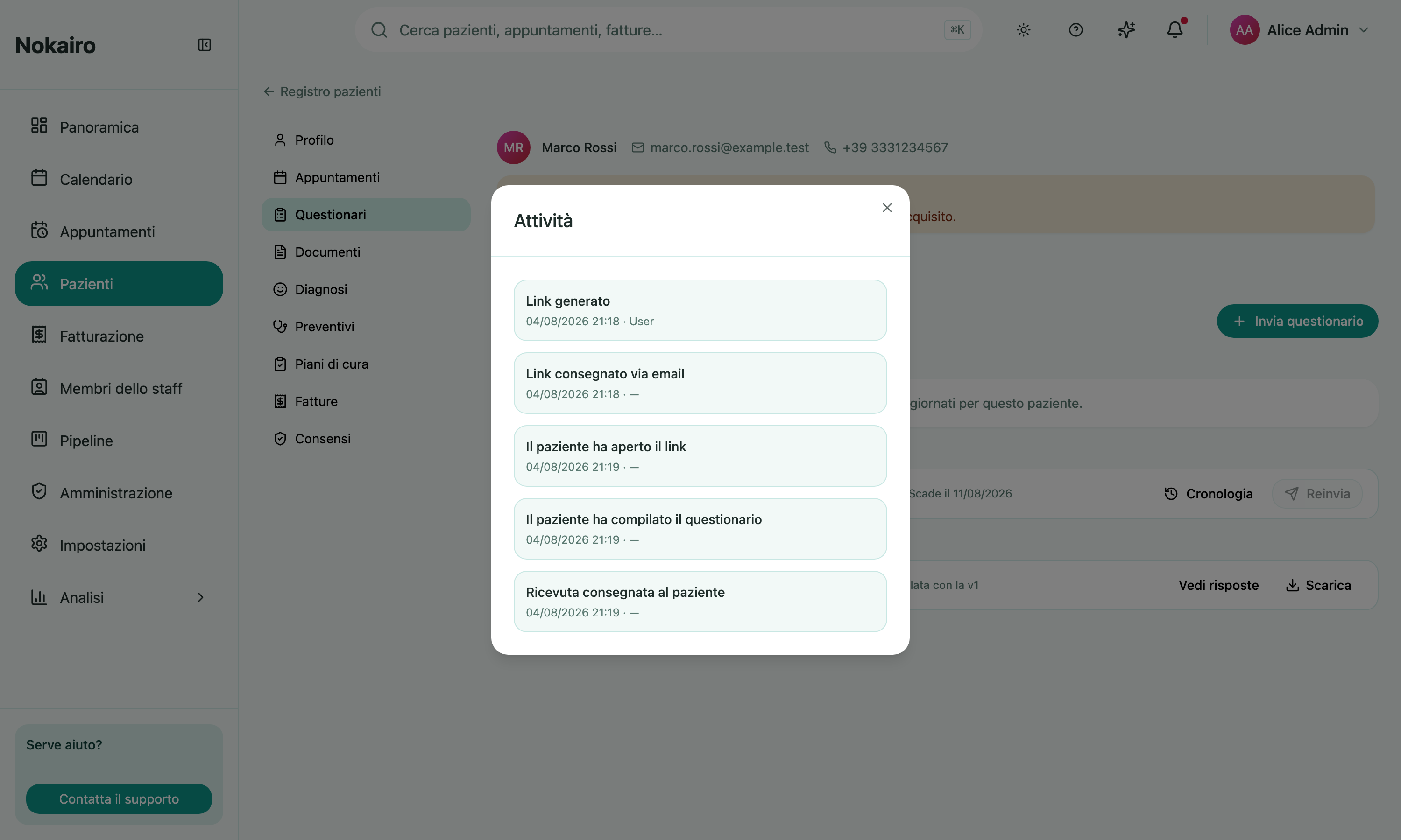 The activity trail for a sent link: generated, delivered by email, and opened by the patient.
