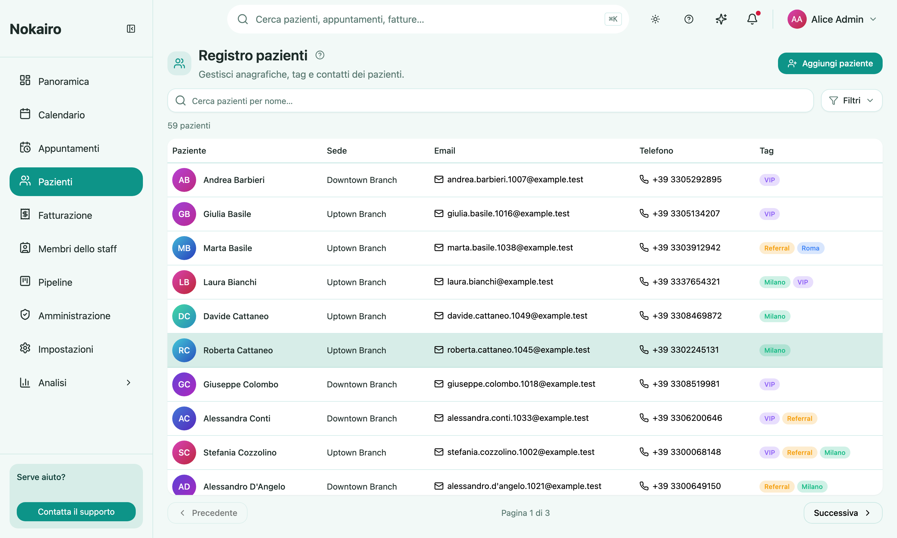 The patient register, listing each patient with their branches, contacts, and tags.