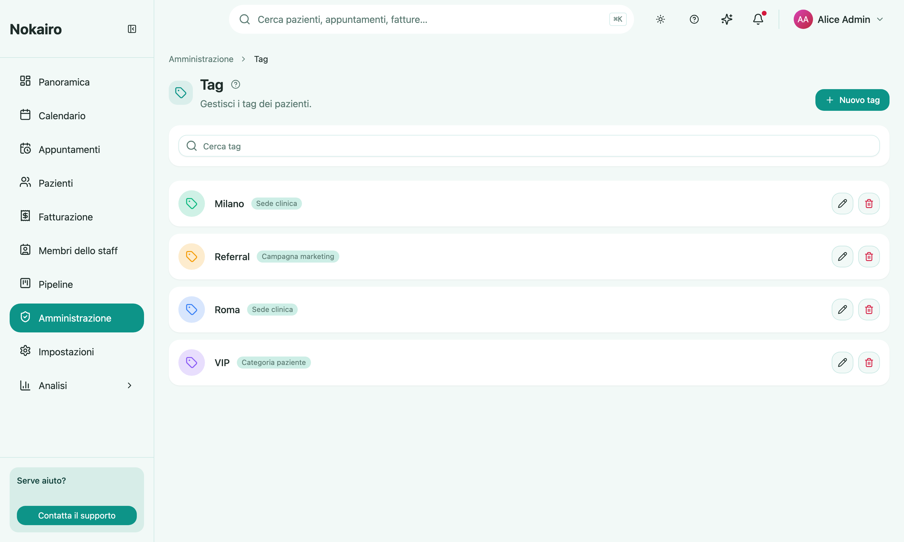 The tag administration page, where a clinic creates and edits the labels it filters patients by.