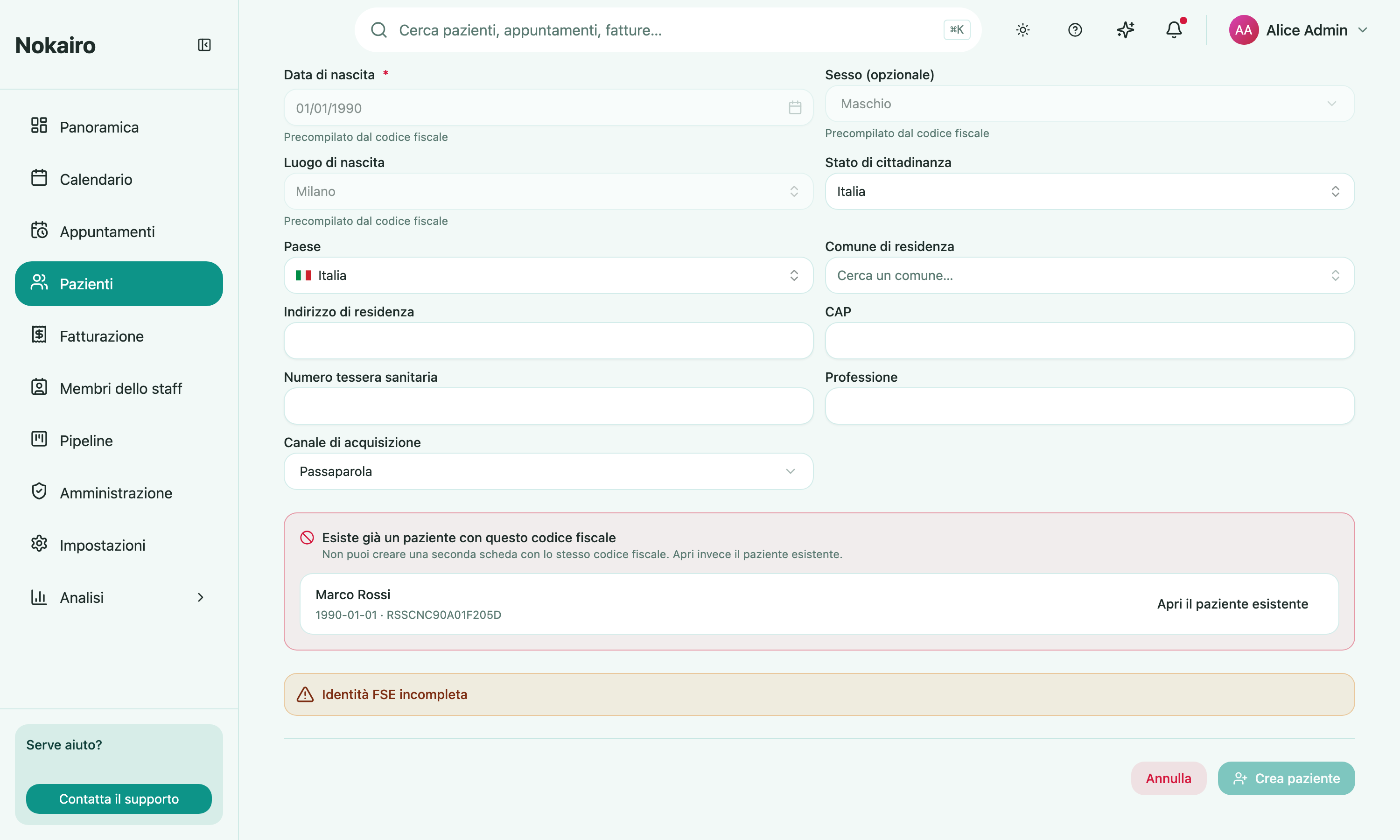 The add-patient form warning that a patient with the same codice fiscale already exists, offering to open it instead.
