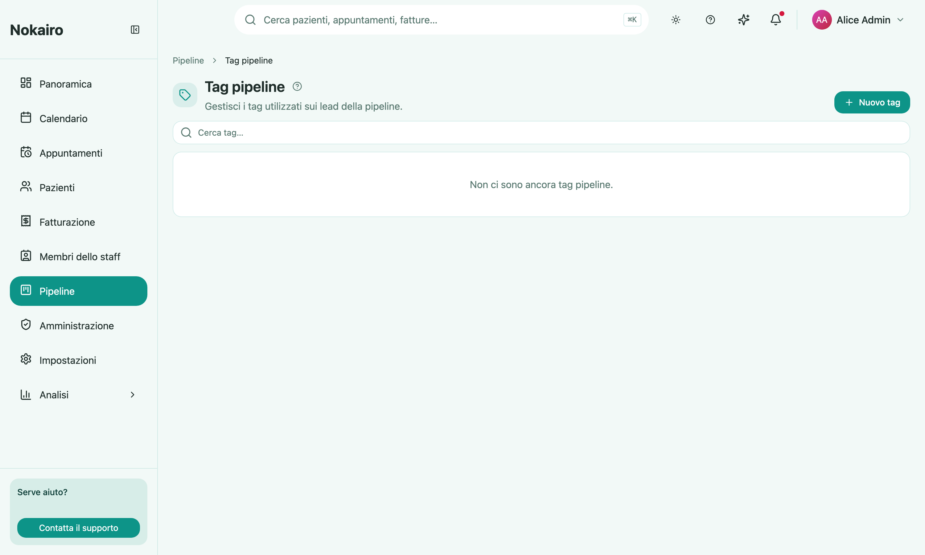The pipeline tags page, with the search field and the New tag button above the clinic's list of tags.