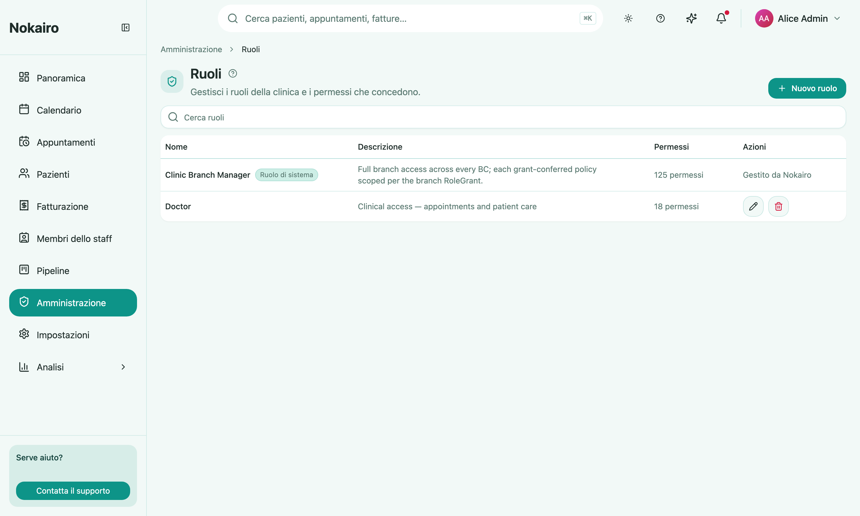 The roles list, showing a system role managed by Nokairo alongside a clinic-defined role with its description and permission count.