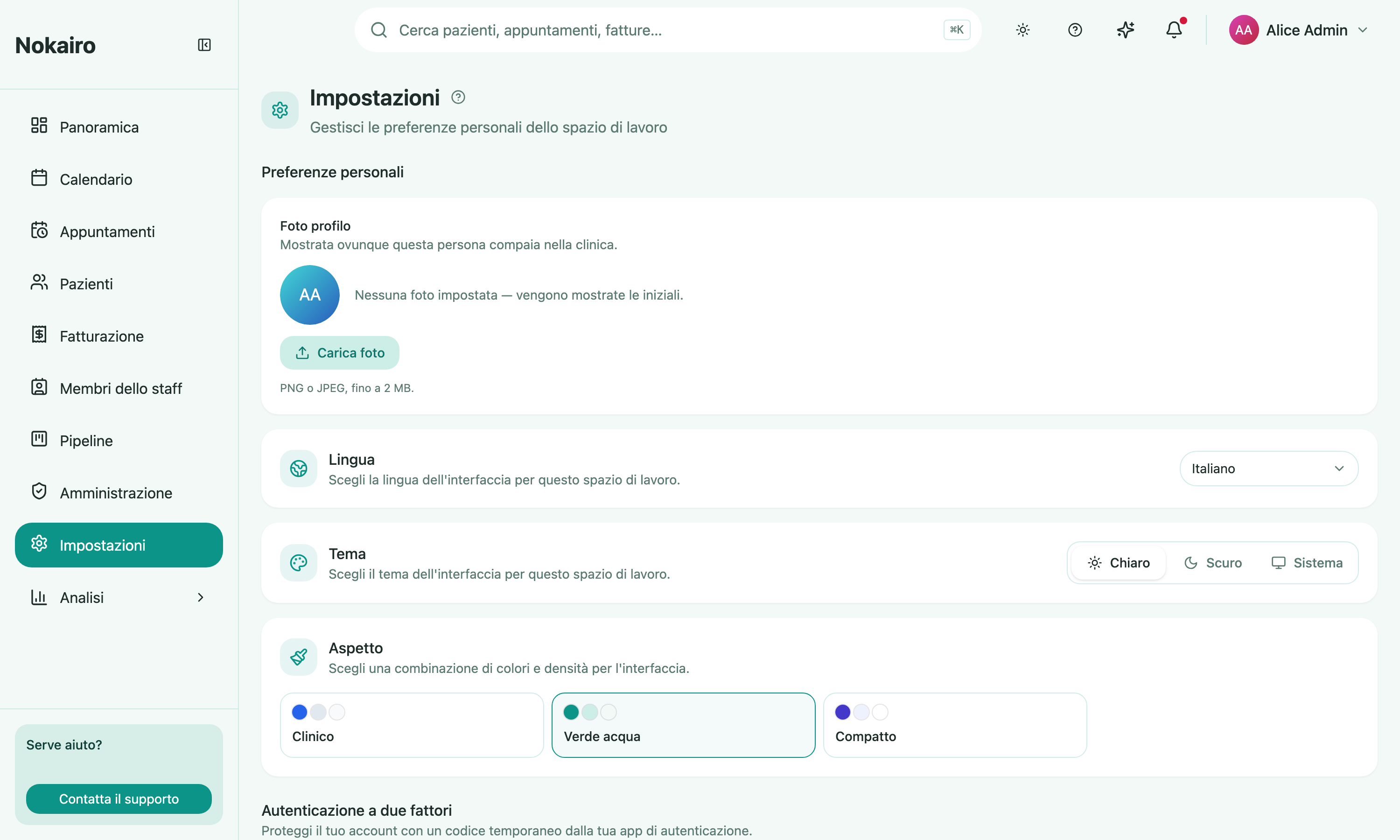The Settings page, showing the language, theme, and appearance preference controls.