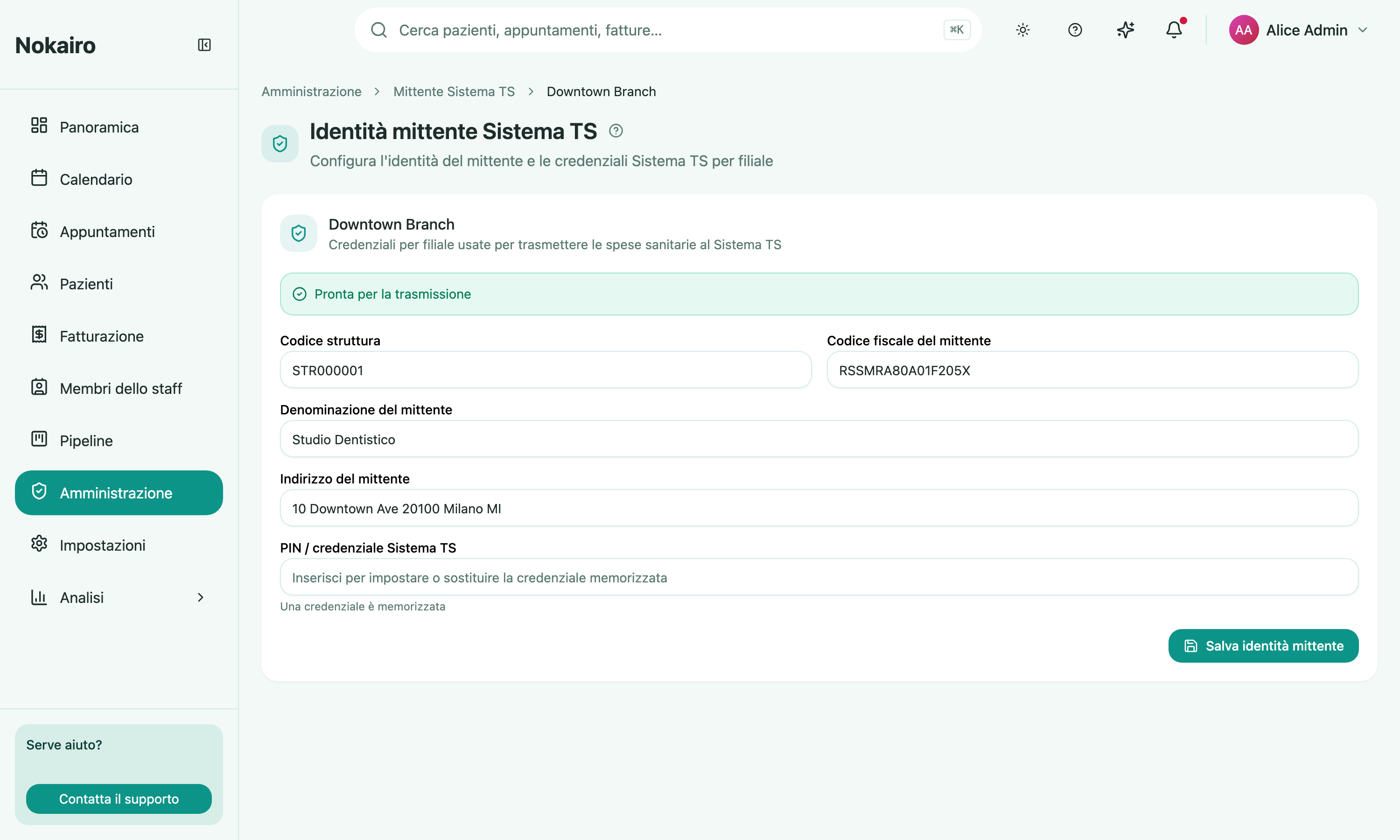 A branch's Sistema TS sender identity page, showing the "ready to transmit" banner alongside the structure code, sender fiscal code, legal name, address, and credential fields.